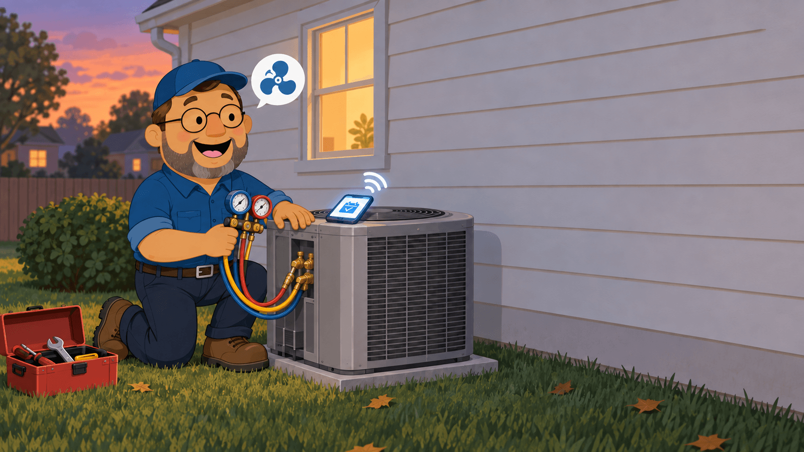 Cartoon HVAC technician kneeling by an outdoor air conditioner beside a house at dusk, working on the gauges and hoses while a phone on the unit shows a booked appointment.